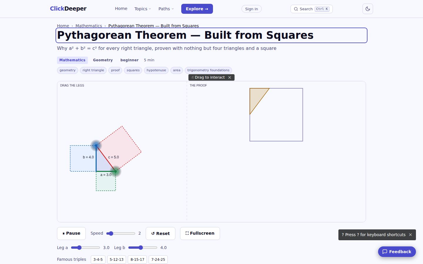 The original ClickDeeper concept page, with an interactive right triangle and the squares on its sides.