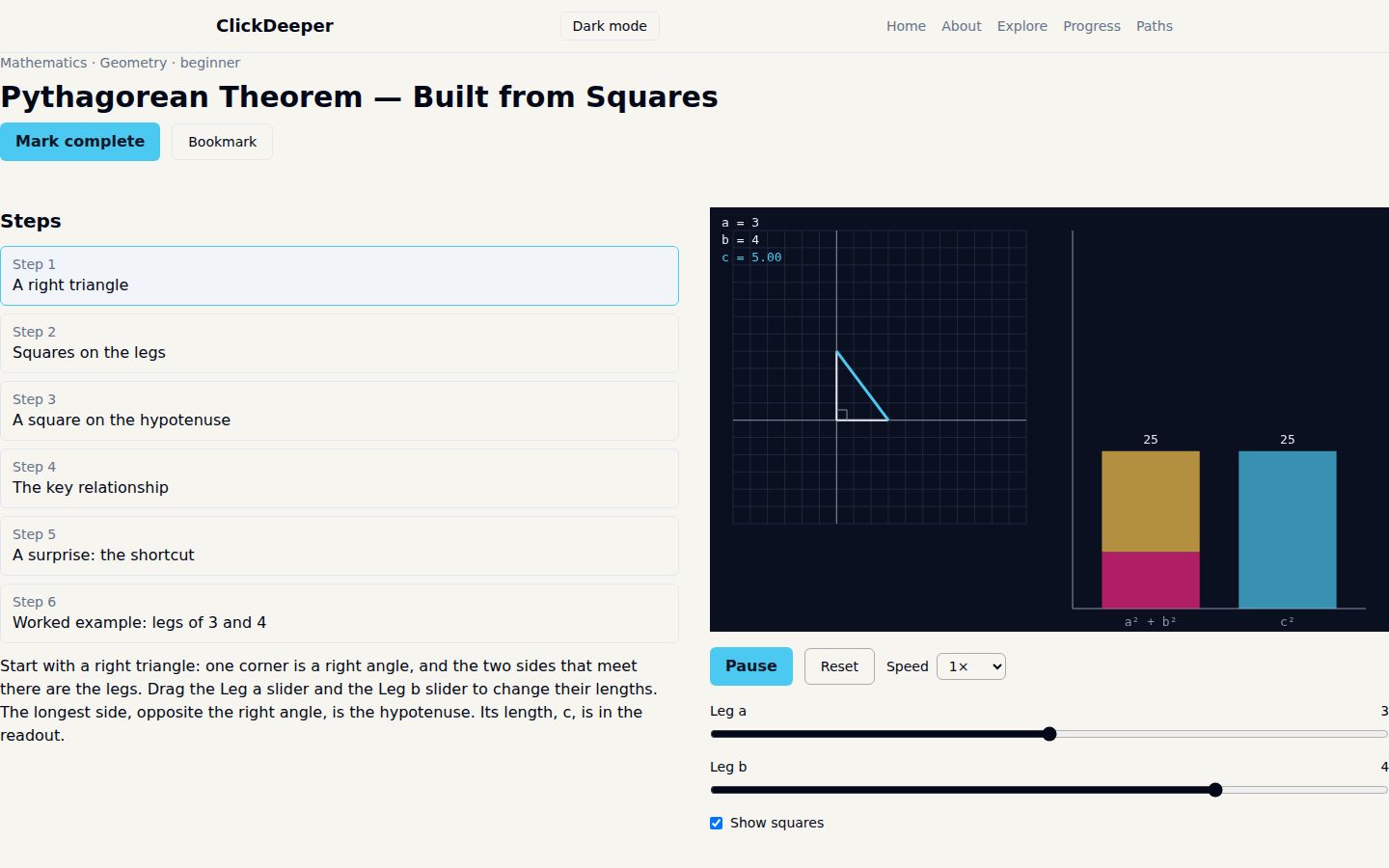 The ClickDeeper Haiku page for the same concept, with step-by-step explanations beside the interactive triangle.