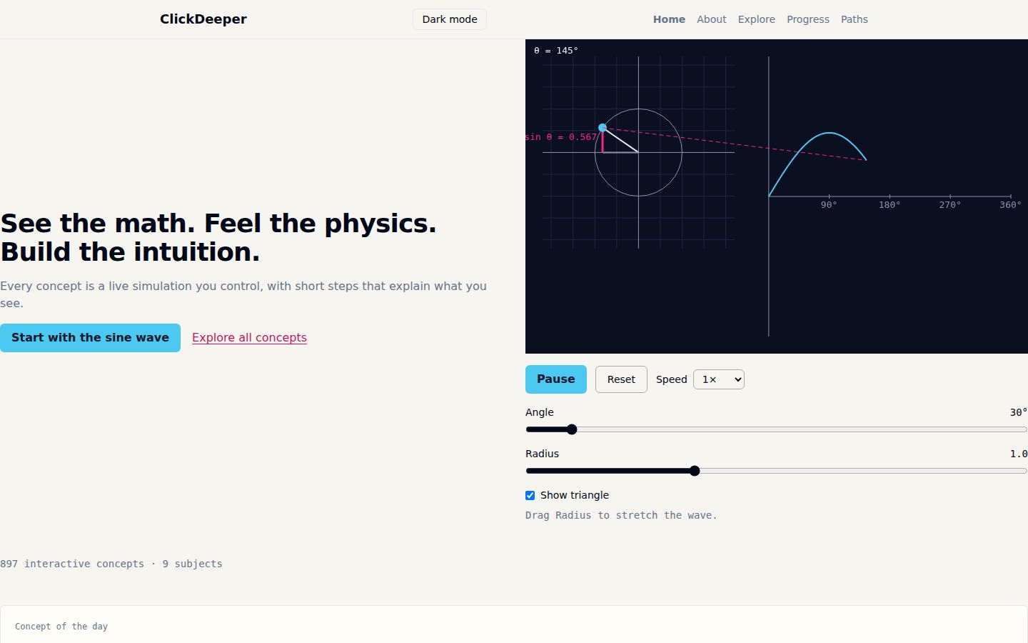 ClickDeeper Haiku's front page, with a live sine-wave simulation.