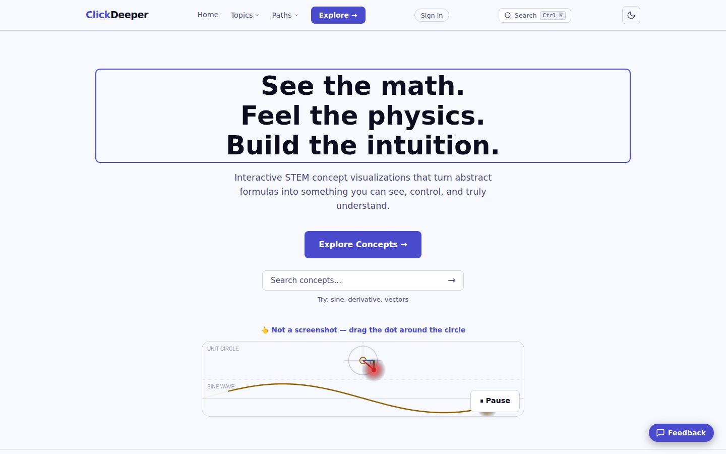 ClickDeeper's front page, with a live unit-circle simulation.