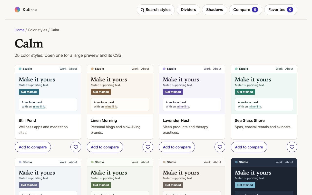 The Calm color styles: small sample pages, each in its own palette, with a name and what it suits.