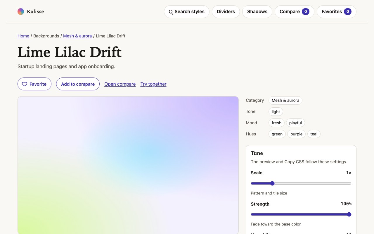 One background opened large, with its category, mood and hues, and sliders to tune it.