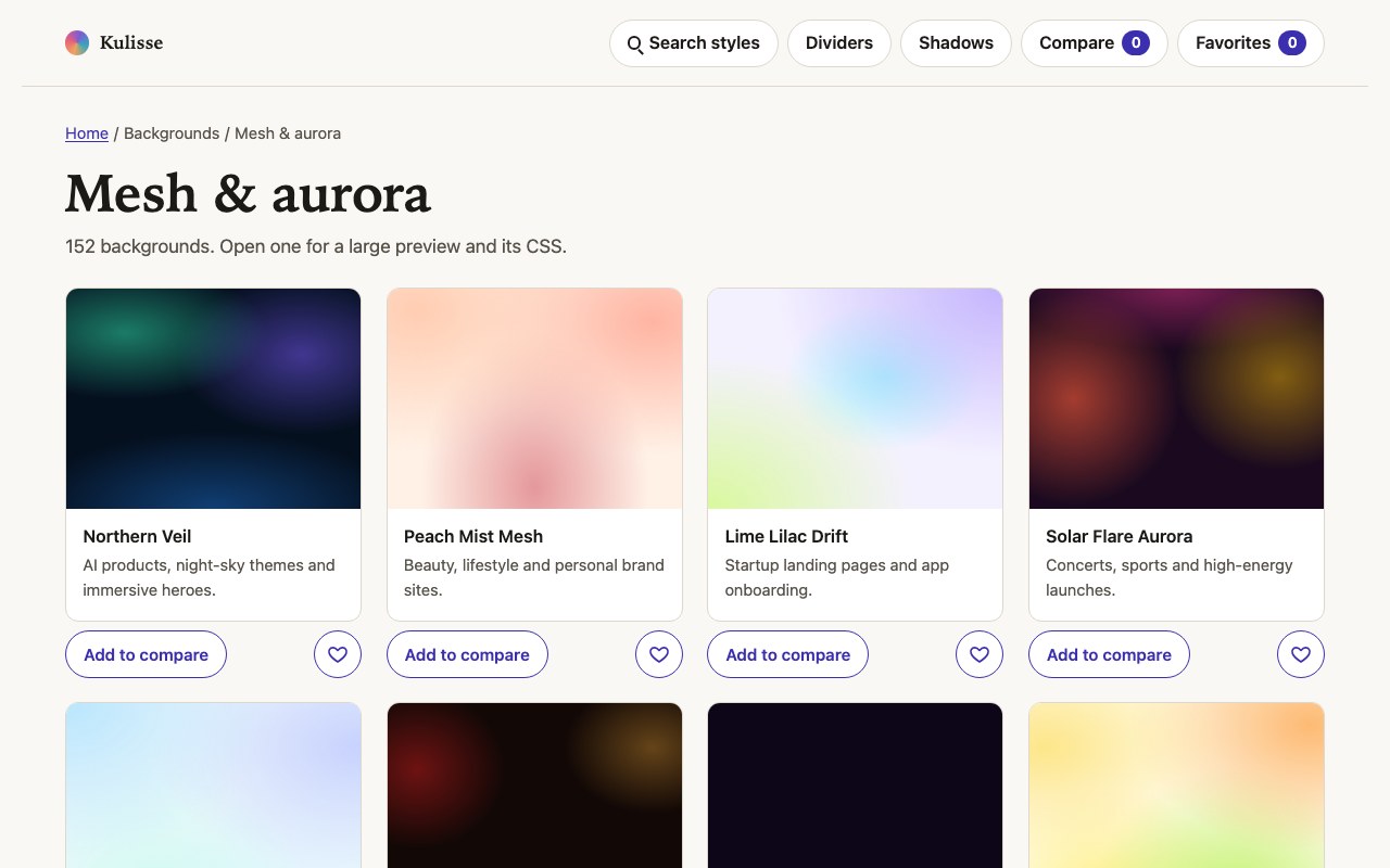 Kulisse in the browser: the Mesh & aurora category, four soft gradient backgrounds with their names.