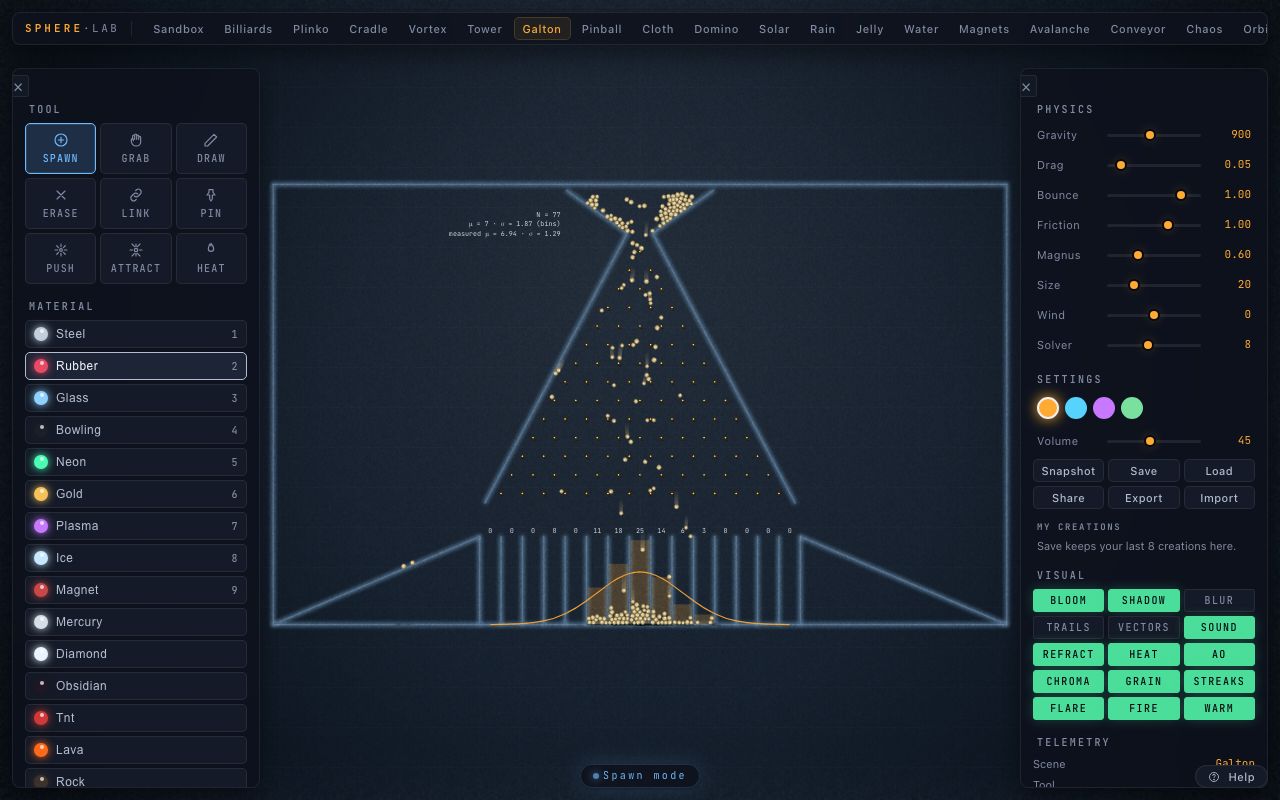 Sphere Lab's Galton board: balls fall through rows of pegs into bins, with a histogram, next to the panels of tools, materials and physics sliders.