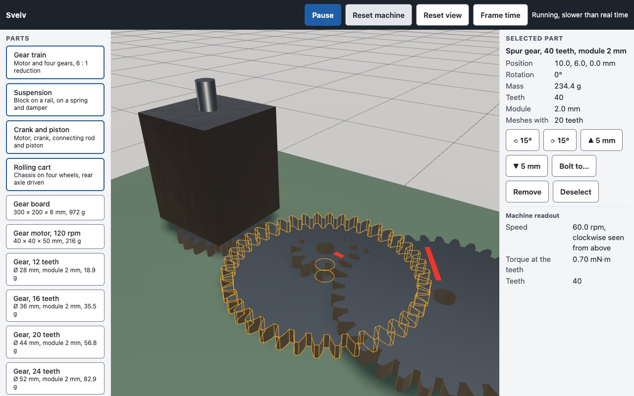 Sveiv in the browser: a motor turning meshed gears, with the live speed and torque beside them.
